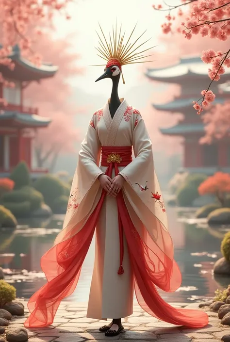 "/imagine a full-body shot an hot anthropomorphic red-crowned crane, the elegant queen of Japan, embodying grace and tranquility. Her attire is inspired by traditional Japanese garments, a flowing silk kimono in shades of white and crimson, embroidered wit...