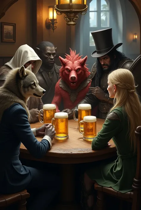  A wolf covered with a hood sitting at a tavern table with a red dragon man in a white suit, a man bear , a braided dark elf drinking ,  an elven woman in robes 
made of leaves ,  a bard in a black suit and top hat ,  a blonde female knight with a shield a...