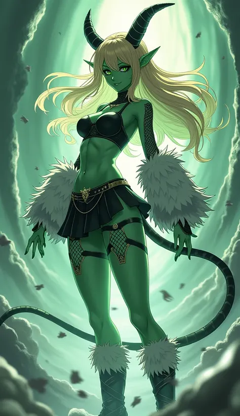 Anime only(oni demon lady skin color green) outfit(top furry sleeves their see-through) (bottom short thigh high skirt with fishnet pantyhose )( feet knee-high boots with furry on top of the boots)ninja sexy green and ( silver trim detail and design) wind ...