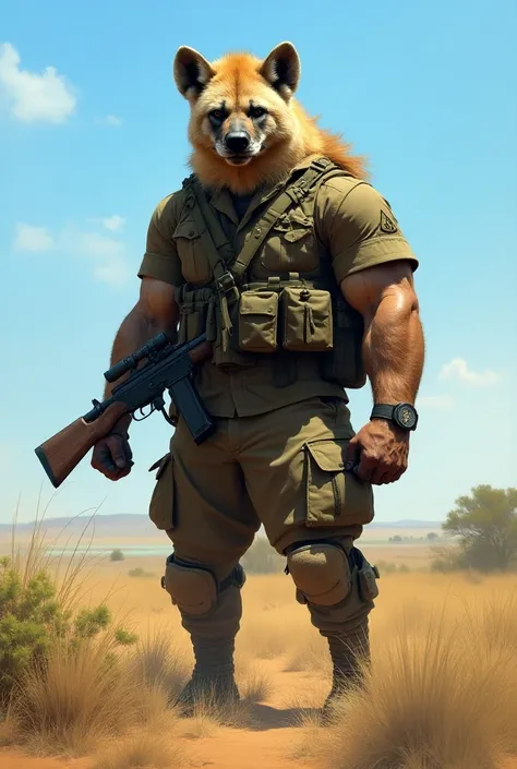 Imagine a very big and super strong hyena hes standing holding a rifle ,  hes dressed in a dirty African army uniform in a field in Africa 