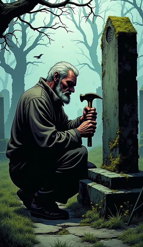 An old man chipping away at a tombstone with a hammer and chisel. I want the illustration in DC Comics style.