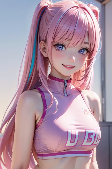 ( Best Quality, Hi-Res,8k,inelity detailed background, Masterpiece:1.2), Beautiful Girl,(Glossy pink-colored hair:1.3),(long hair:1.2),twin tail,Beautiful pink eyes,cheerleader,(Design (six sisters)Character),Big Breasts,(Under bobs :1.2),from below,Stadiu...