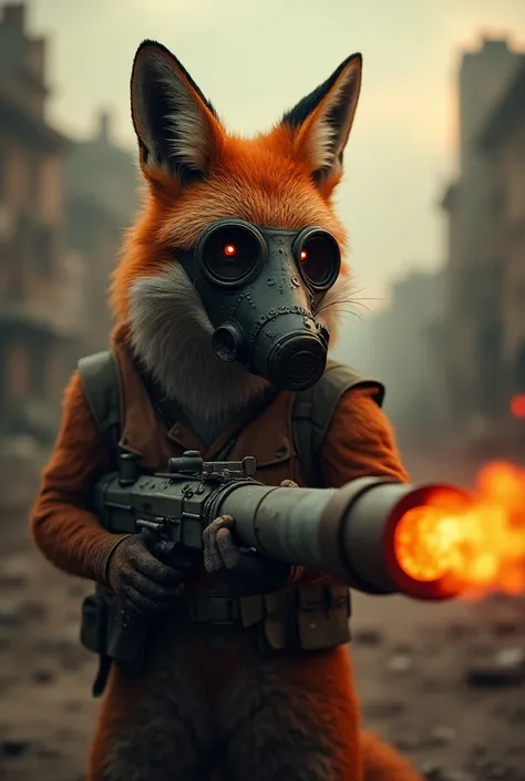 anthropomorphic fox with gas mask and flamethrower