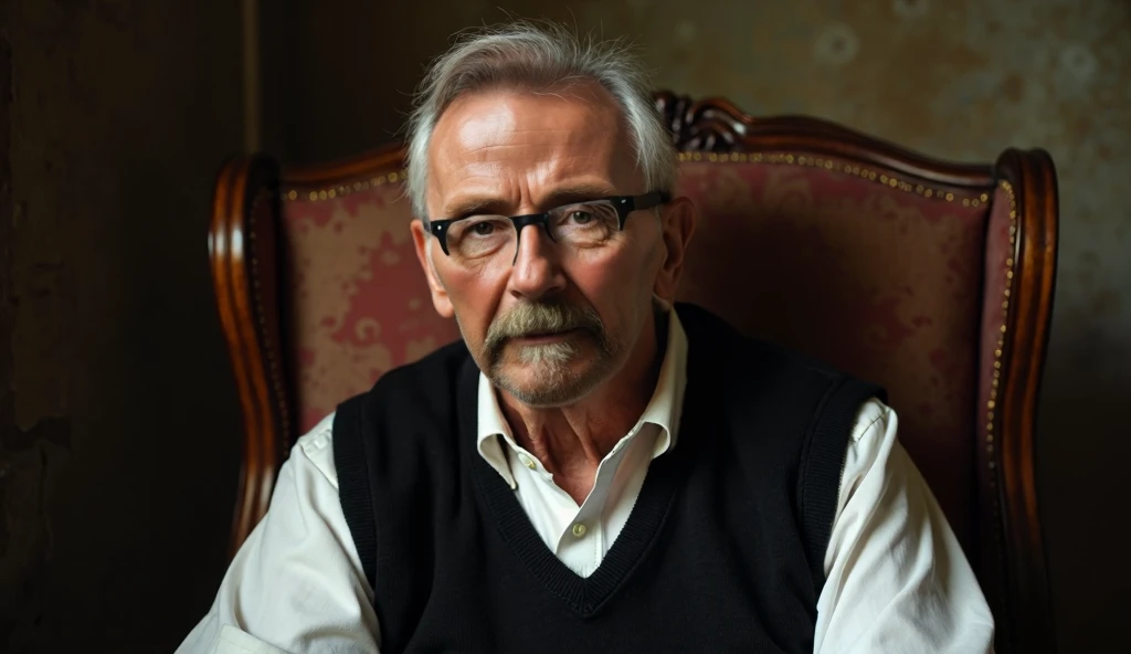 close up portrait of old man sit on old chair, wearing glasses, black Vest with white shirt
