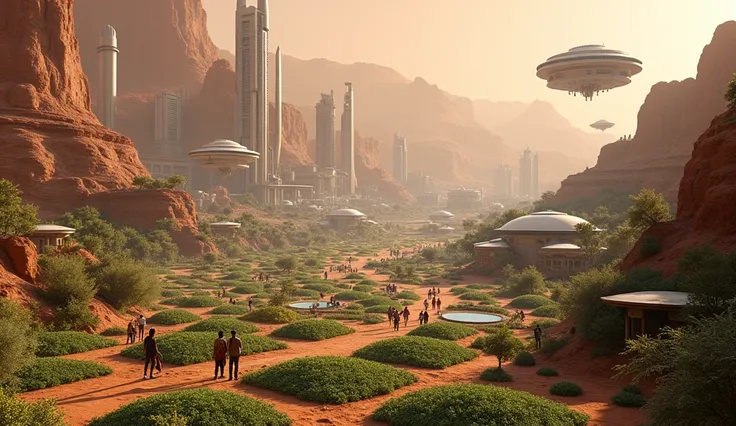 Mars in 2050 living people, many houses, plants, sifi, space, ect