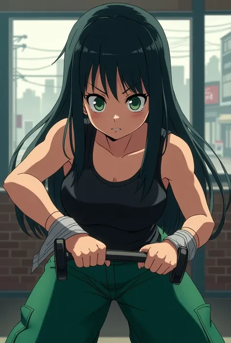  A capture of the anime Boku no Hero Academia, a girl with long straight black hair, hair combed backwards, almond-shaped green eyes, motivated expression ,  with ribbon around her hands ,  wearing a black sleeveless shirt ,  wide green pants ,  lifting sm...