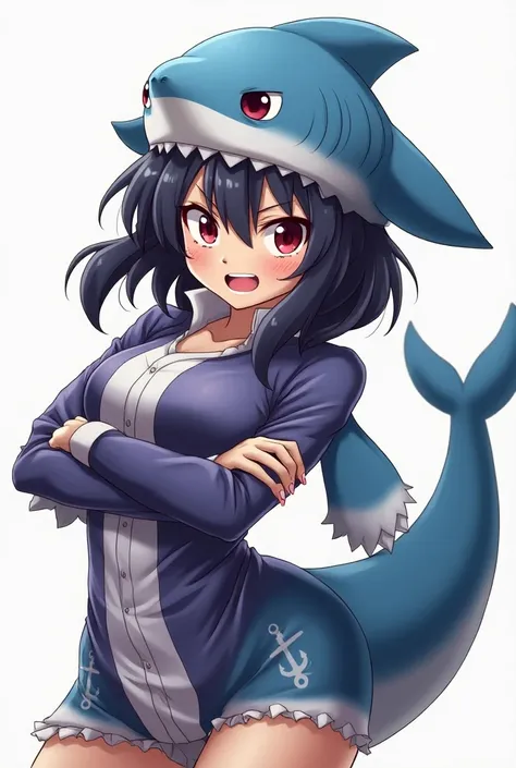 Anime woman shark ,red eyes , blue shark hat ,purple colored long shirt blue 
Wear shark tail anchors 
Furious face

