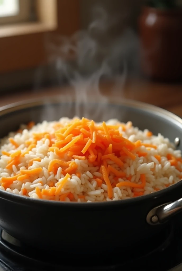  Rice with grated carrot, cooking in a pot 