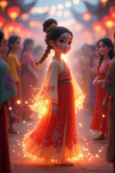 The divine young girl appearing at the feast: A radiant young girl dressed in vibrant traditional attire, emerging amidst a gathering of villagers during the feast. She glows with a soft divine light, capturing everyones awe and attention. 3d pixar style 