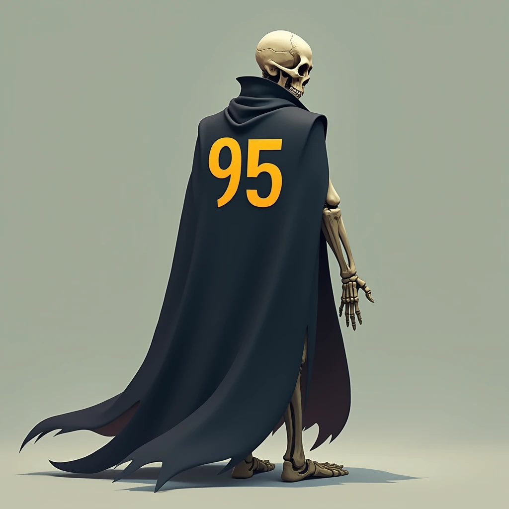 Hey, can you please create an image which im going to use as avatar for social media? I want it like a skeleton with a rade cape and 95 inscription number on it, but make the number yellow, and make it so we see hom from the back turning his head on us so ...