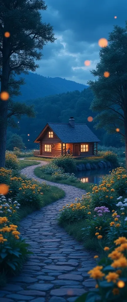 Countryside at night，Winding cobblestone roads（1.4），The roadside is overgrown with flowers（1.2）。There is a log cabin in the distance，The lights inside the house shine through the windows in the pond behind the house。Fireflies land on flowers。Makoto Shinkai...