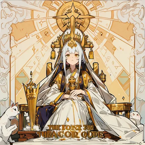 The Cat goddess woman , (((dressed in her imperial robes))) , sits majestically on her ivory throne, framed by a sunburst, Cat face, disdain, Egyptian palace, wearing crown, holding orb and scepter, from below, retro 