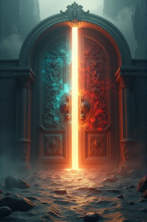 Create an image with two doors open one next to the other: these doors lead to two different paths, a fictitious representation of life after death, where we were born, that follow two paths: the path to heaven or the path to hell.