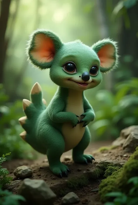  Create a mixed animal from a koala and baby dinosaur. It should be green   