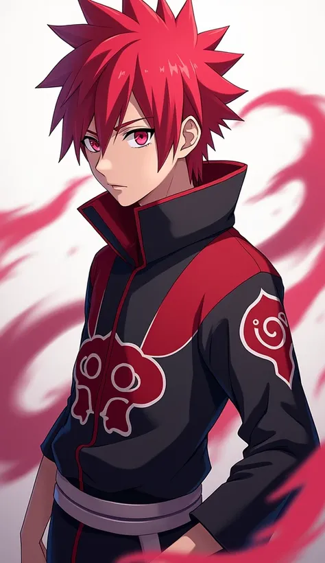 A naruto anime style artwork of a young adult male ninja with bright red hair and pink eyes. He is wearing a ninja outfit that is dark red in color with bright red highlights. It also has wind designs on it of cyan color.