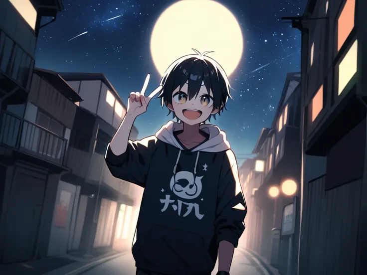  Starry Sky Night View of a Shooting Star Street 　Full Moon　 A man about  watching viewers　smile　Peace Sign Emo Atmosphere 