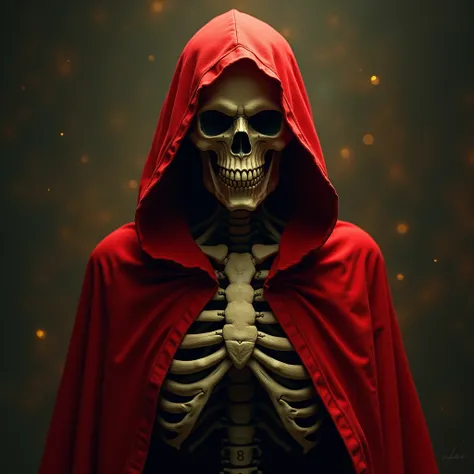 Hello,  please create an avatar ,  I want it to have a skeleton with a red cloak with 95 yellow on it,  make this scary skull look at us and look , make this skull evil ,  remember the details , red cloak,  at the skeleton we look from behind,  we see his ...