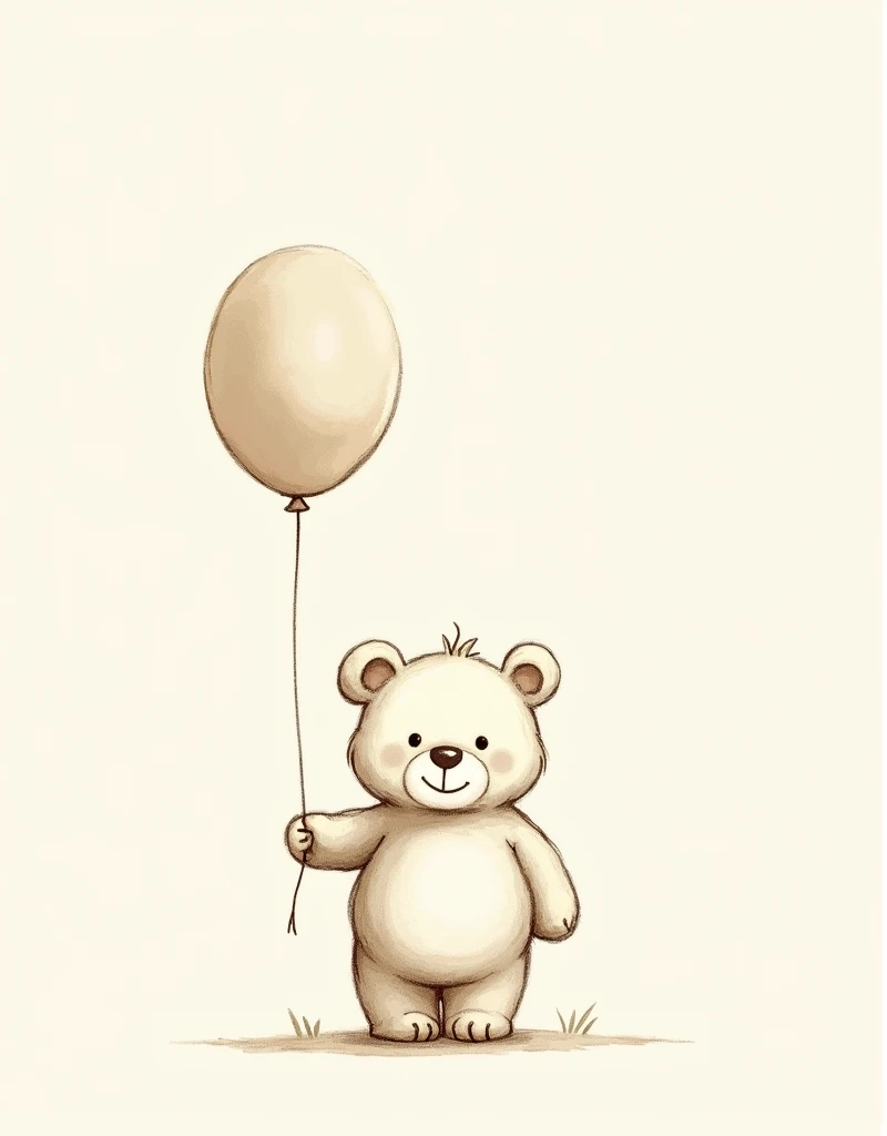 Create a digital illustration of a cute, chubby teddy bear holding a balloon. The style should be loose and sketchy, reminiscent of a quick pencil sketch with subtle shading and texture. The bear should be simple in form, with rounded features and a slight...