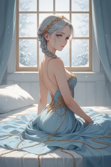 A slender and very beautiful girl, with beautiful silver hair, combed in intricate braids which she adorned with gold threads and silver beads, snowy skin without any stain, beautiful features. She dresses richly, in a dress of light blue velvet and gold l...