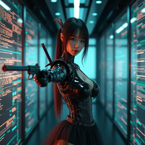 ((((looking at camera)))),(photorealistic, large-breast ),a beautiful girl, beautiful korea faceA fashion runway for alien technology ,Reveal full breasts,Big breasts, Cyberpunk fashion photography ,  photorealistic, large-breast ,((full body)), (( Realist...