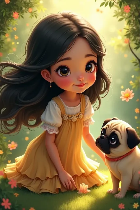 Black-haired girl with slanted eyes with a Disney pug puppy 
