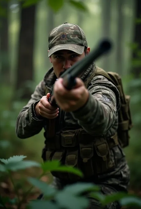 Ultra-realistic photo of a hunter lurking behind a tree facing the camera with a hunched posture, eyes aiming the long barrel of the body parallel to the front, and eyes straight ahead. the hunter was wearing a camouflage hunting uniform, tactical vest. Bo...