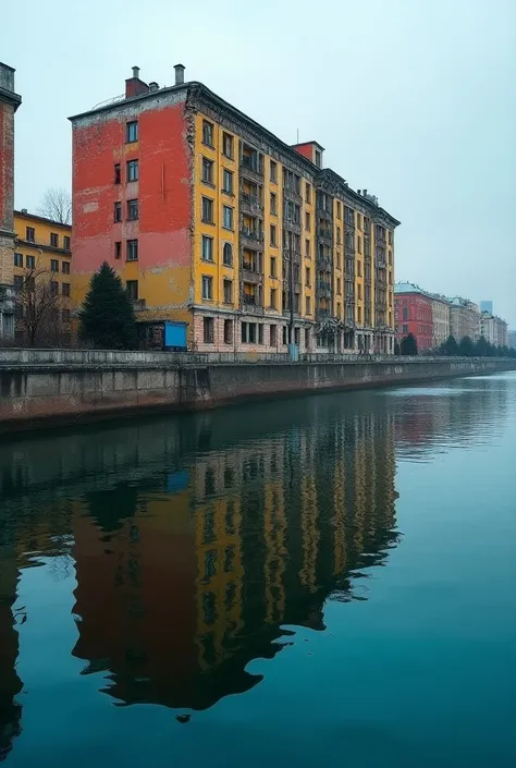 realistic 4k ,  photo of a gloomy building in Moscow , that look abandoned and dilapidated and a colorful reflection,  depicting its restored , bright,  beautiful version reflecting the Moscow River 