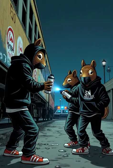  SQUIRRELS with evil facial expressions as graffiti sprayers in the shade with black balaclava and cloth over their mouth  , hoodie and wide jeans dressed in Adidas sneaker black  ,Squirrel has a spray can in his hand and spray a train with graffiti on the...