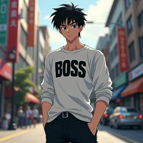 Create a 19-year-old man who has short black hair and black eyes and a serious face he is thin and has a black eyeshadow and a long sleeve white shirt and on the shirt written BOSS in black and the setting of the city of day he is in a confident pose and h...