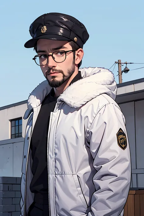 man, 40 year old, reverse modern cap, eskimo, short beard, round glasses, mid long hair.