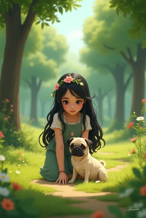 Black-haired teenage girl with slanted eyes with a Disney-type pug puppy in the park 
