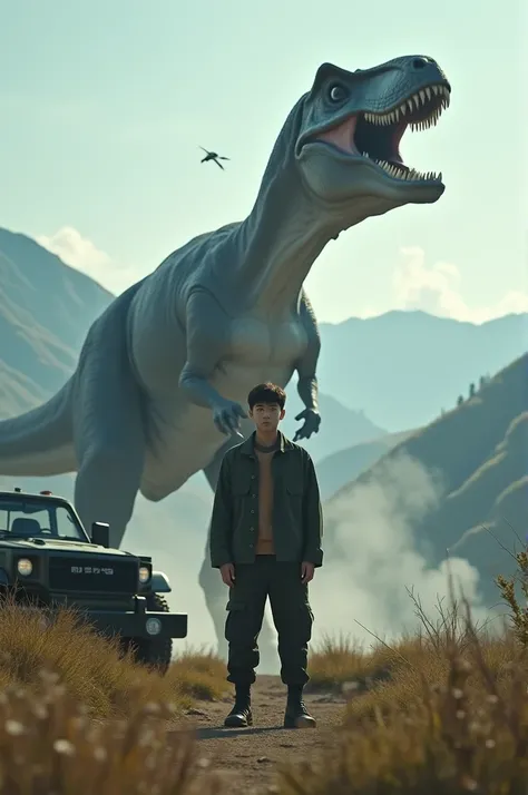 A picture of a Korean man, about 20 years old
standing with a dinosaur, like a Jurassic World movie poster
The background is a beautiful place, there is a valley
The man is standing in front of the dinosaur in the center of the frame, looking at the audien...