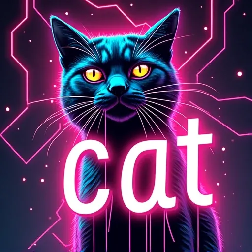 A cat in neon colors background.
Cat is written in glowing letters