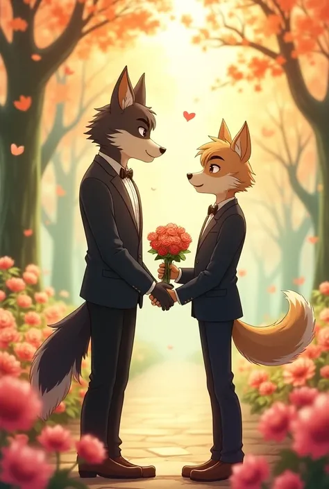 I want you to create an anime-style cartoon with the genre Furry ,  that is almost furry mixed with the BARA style and genre that both are MEN who are couples who are meeting in a flower park, for a date , That one is taller than the other ,  style drawing...