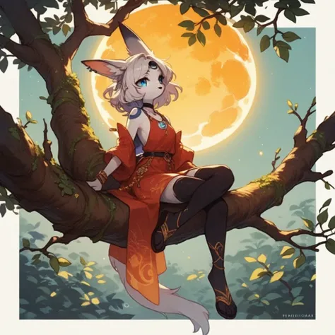 An Anthropomorphic moon type eeveelution sitting on a tree branch while a solar eclipse is happening behind her