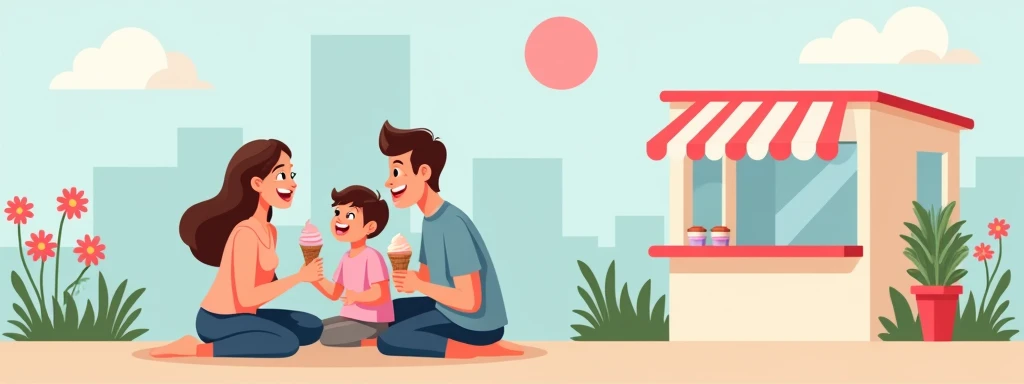  The image shows a familiar and warm outdoor scene , in which a mother ,  a father and his young son are sitting together ,  enjoying ice cream .  Everyone is smiling and looking at each other ,  transmitting happiness and family unity .  The mother holds ...