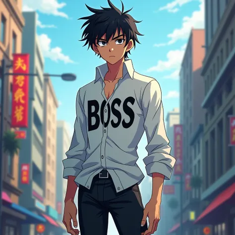 Create a 19-year-old man who has short black hair and black eyes and a serious face he is thin and has a black eyeshadow and a white shirt with a long sleeve and on the shirt written BOSS in black and the setting of the city of day and he has black jeans a...