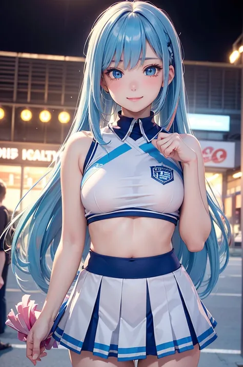 ( Best Quality, Hi-Res,8k,inelity detailed background, Masterpiece:1.2), Beautiful Girl,( glossy light blue hair:1.3),(long hair:1.2),twin tail,Beautiful light blue eyes,cheerleader,(Six Sisters characters),Big Breasts,(Under bobs :1.2),from below,Stadium,...