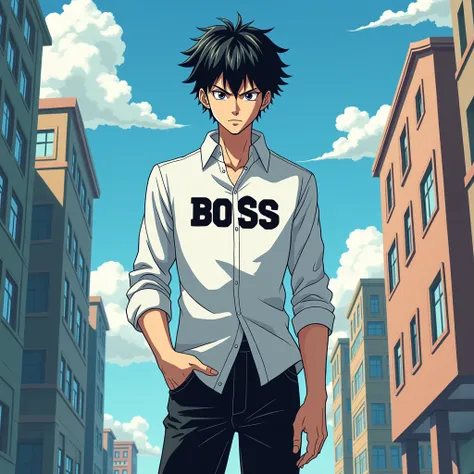 Create a 19-year-old man who has short black hair and black eyes and a serious face he is thin and has a black eyeshadow and a white shirt with a long sleeve and on the shirt written BOSS in black and the setting of the city of day and he has black jeans a...