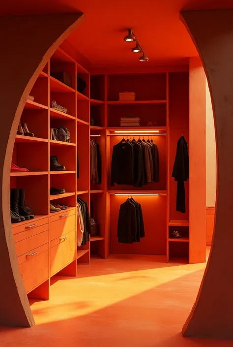 A slightly more colorful retrofuturistic closet with a brutalist architecture