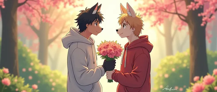  style and genre I want you to create an anime-style drawing with the genre Furry ,  that is almost furry mixed with the BARA , I mean that they are almost human ,  that both are MEN who are couples who are meeting in a flower park, for a date , That one i...