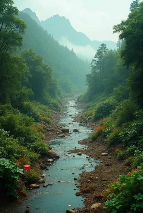  Landscape divided in two where one part is beautiful with a good abundance in nature, and in the other part it is contaminated with toxic waste , Like garbage , TREES CUTTING, Contaminated waters 
