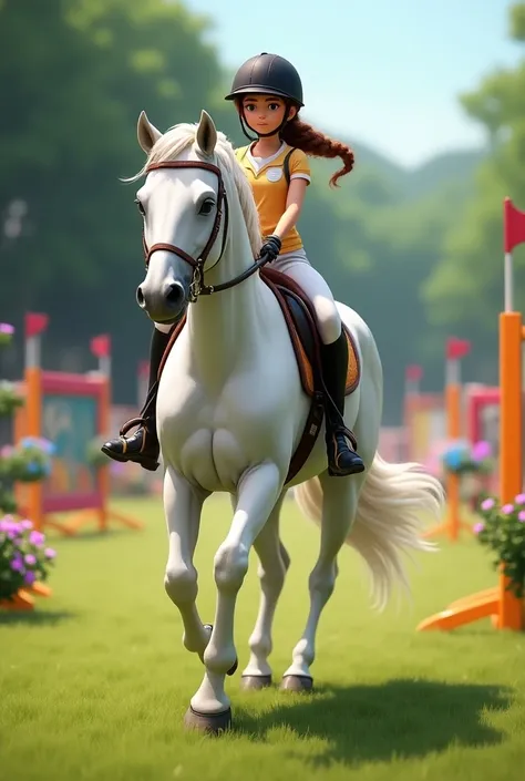  Generate an image for me of a girl in a brown braid wearing a riding helmet, on a white horse and in an obstacle jumping competition  