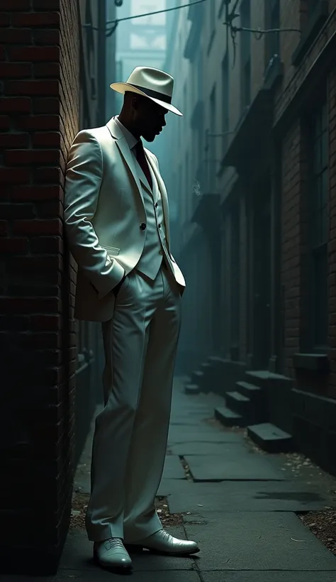  a black man in a white suit in a dark alley with a lowered face covered with his white hat, He smokes a cigarette and is leaning against the wall , Mysterious