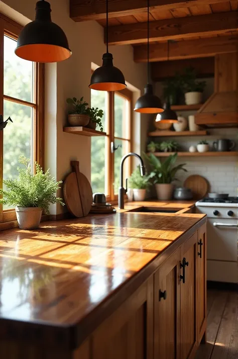 Rustic kitchen with glossy wooden countertop