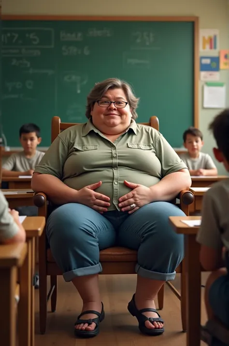 A mid age teacher with huge weight sitting in a chair while teaching in a class and saying about her daughter nephew achievement in front of every students instead of teaching