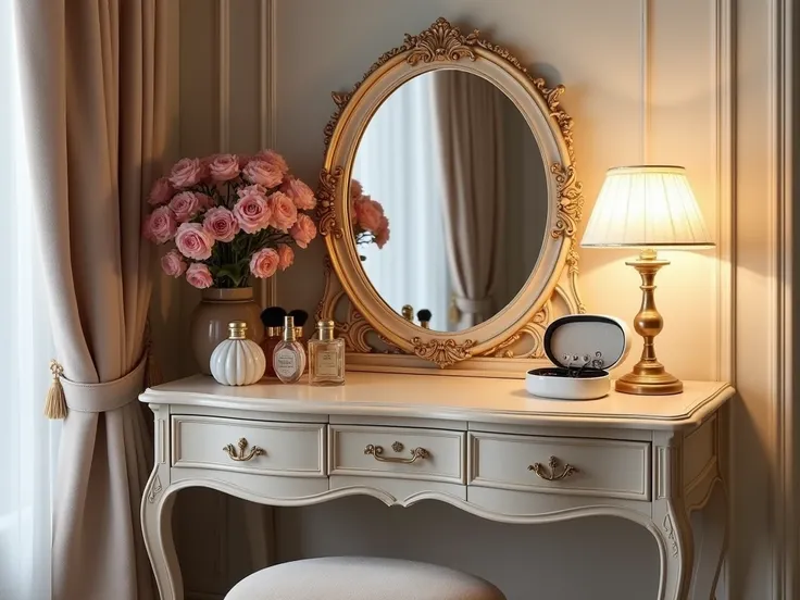  Visualize a dressing table with a vintage and elegant touch .  It has a large oval mirror ,  surrounded by an ornate frame ,  with curved and classic details ,  perhaps in a gold color or aged bronze ,  to give that nostalgic touch .  The table is made of...