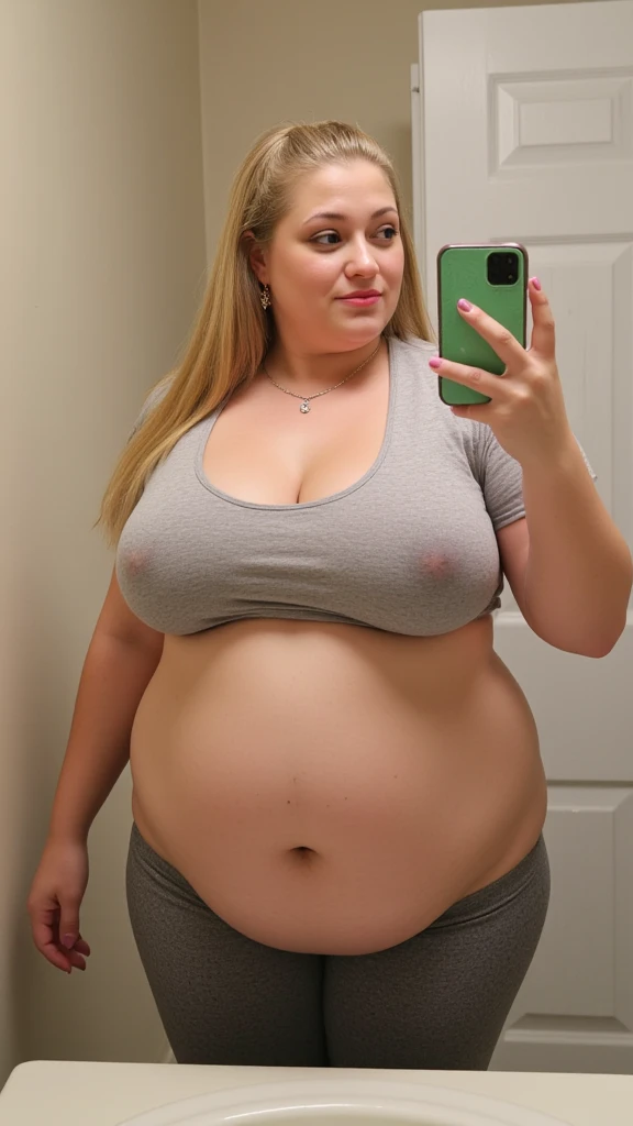 Casual 40 year old fat blonde woman taking a selfie in her bathroom, wearing daily t-shirt and leggings pants, earrings, necklace, cleavage, long dyed blonde straight hair, big hips, thick thighs, big ass, shy smile,accurate details, using make-up, pink li...