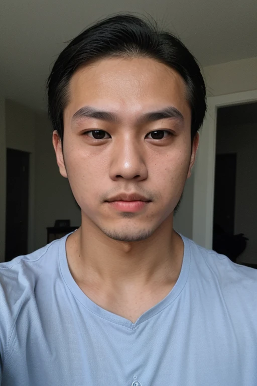 Dubious quality, realism, man at home, beautiful, symmetrical face, Asian, 24 years old, youthful appearance, Selfie Frontal, with blue shirt, another photo