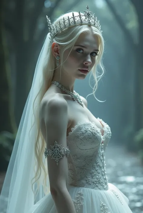 beautiful blonde vampire woman in a wedding dress with silver tiara and silver jewelry